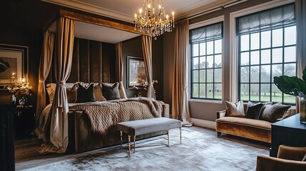 Luxurious couples bedroom with a velvet canopy bed elegant golden accents dim chandelier lighting and a plush seating area by the window offering an intimate and sophisticated vibe