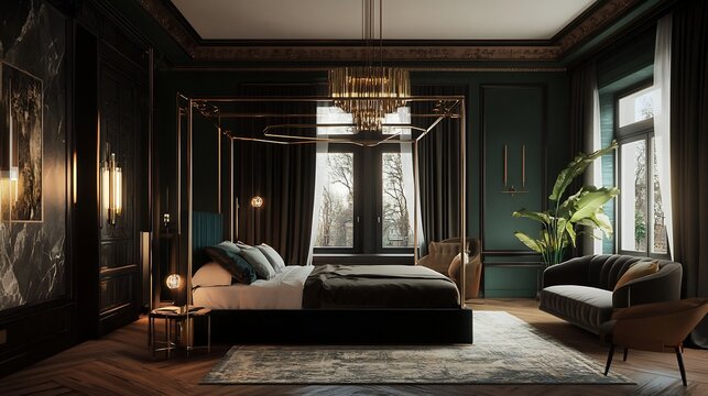 Luxurious couples bedroom with a velvet canopy bed elegant golden accents dim chandelier lighting and a plush seating area by the window offering an intimate and sophisticated vibe