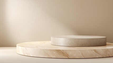 image of an empty beige double podium, with a beige background