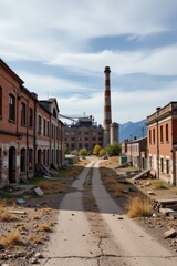 Fototapeta premium Industrial Abandonment Dilapidated Buildings and Disused Factory Surrounded Overgrown Vegetation
