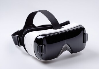 A VR headset with black lenses, and white plastic trim. The headband is black fabric, and the background is a neutral white space