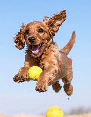 Happy dog leaping with tennis ball