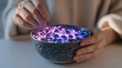 Hands holding a blue bowl filled with glowing purple and blue gel beads on a white surface