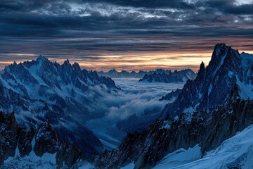 Fototapeta premium Snowy Mountain Peaks Sunrise View