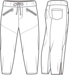Fashion flat sketch of white athletic cropped pants with zippered pockets and side slits trousers capri
