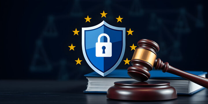 Includes gavel, legal books representing justice, regulation, emphasizing cyber governance, network. European Cyber Resilience Act with shield icon, padlock EU data protection, digital security laws. 