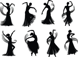 Black silhouette flamenco dancers in flowing dresses, traditional Spanish dance, expressive poses, elegant movement, cultural art, passion, vector isolated on white background