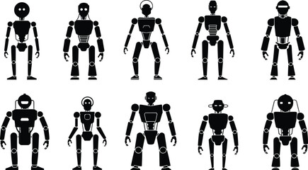 Black robot silhouettes, futuristic android designs, humanoid robot icons, mechanical figures, technology vector illustration, robot shapes collection, AI and automation