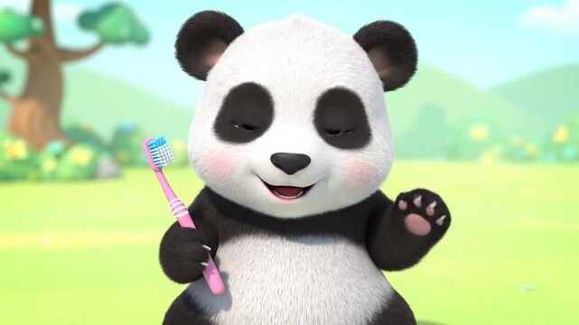 Animated panda character brushing teeth outdoors daytime cartoon style