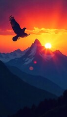 Silhouette of a bird soaring high above a majestic mountain range at sunset, symbolizing spiritual ascension and freedom , hope, silhouette