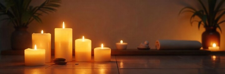 Serene scene of soft, warm candlelight illuminating a tranquil room, perfect for relaxation and unwinding Ideal for spa, wellness, or meditation themes , comforting, comfort, glow