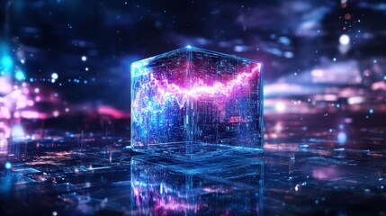 Glowing cube displaying line graph in futuristic cityscape at night