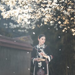 Woman in traditional clothing standing outdoors among cherry blossoms.