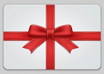 A white card with rounded corners features a vibrant red ribbon in a cross shape, adorned with a bow at its intersection. Soft shadows add depth