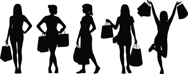 Black silhouettes of women shopping, carrying shopping bags, happy shoppers, fashion lifestyle, retail therapy, consumer behavior, shopping spree, vector isolated