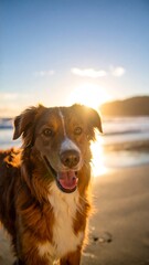 Happy dog on beach at sunset