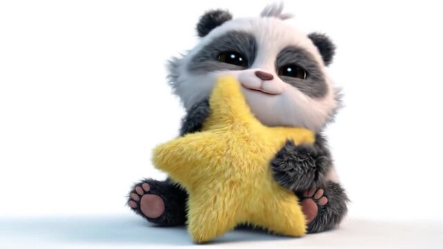 Animated panda character cuddling a yellow star on white background