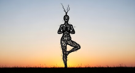 Obraz premium Tangled vines silhouette shaped like yoga posture under soft sunrise hues, minimalist, ultra-detailed, crisp edges, noise-free, natural lighting, no humans