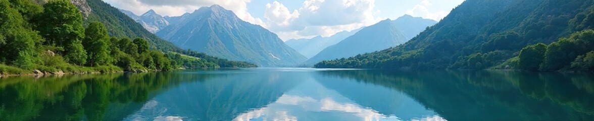 Serene mountain lake reflecting the majestic peaks, surrounded by lush green trees and tranquil waters Perfect for travel, nature, and environmental projects , mountain lake, trees, serene