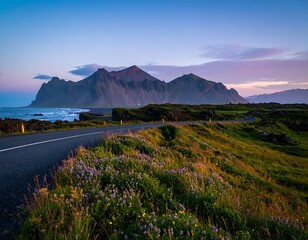 Scenic coastal road at sunset