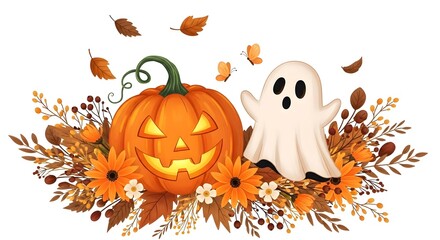 Cute halloween pumpkin and ghost with autumn leaves isolated on white background