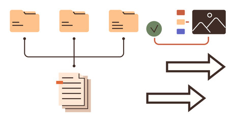 Folder hierarchy connected to documents, checkmark icon, image preview, and arrows demonstrating data flow. Ideal for organization, workflow, data sorting, archiving, storage task management simple