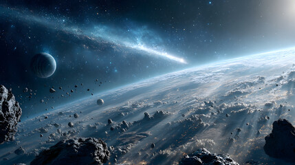 A stunning view of space featuring a planet and comet, artfully generated