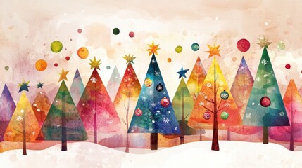 Multiple Christmas trees decorated in snowy winter landscape