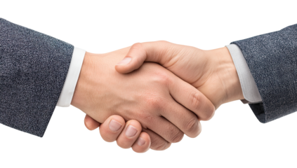 Close-up of two hands shaking, clad in gray business suits