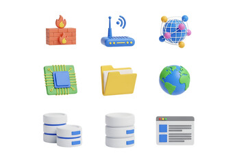 3d icon of set of technology and network icons, including firewall, router, globe, cpu, folder, and database, isolated on transparent background