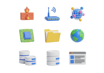 3d icon of set of technology and network icons, including firewall, router, globe, cpu, folder, and database, isolated on transparent background