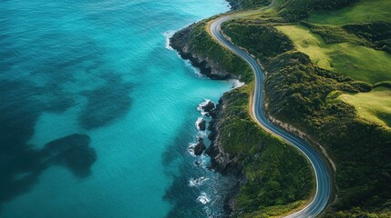 Aerial view of winding coastal road and turquoise ocean