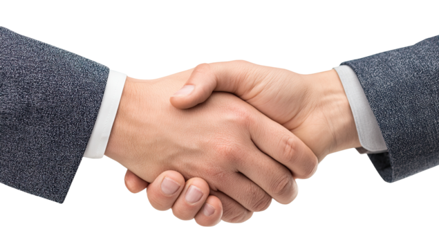 Close-up of two hands shaking, clad in gray business suits