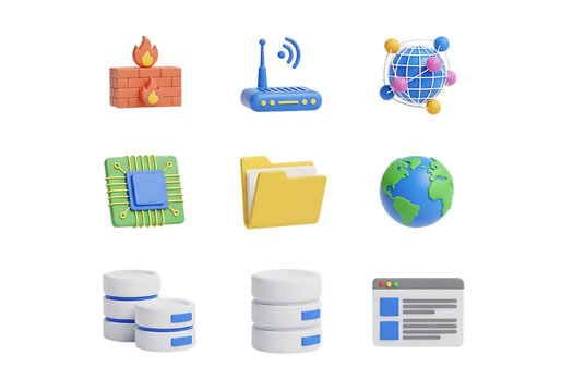 3d icon of set of technology and network icons, including firewall, router, globe, cpu, folder, and database, isolated on transparent background