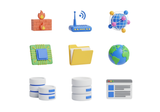 3d icon of set of technology and network icons, including firewall, router, globe, cpu, folder, and database, isolated on transparent background