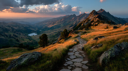 Scenic mountain landscape with a stone path and golden hour light 
