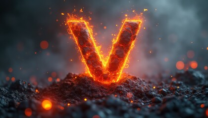 Fiery letter V made of rock in dark environment