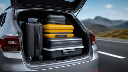 Silver car trunk packed with suitcases on road travel rebound joy