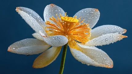 Dew-kissed, off-white bloom with vibrant yellow core, against a deep blue backdrop. A delicate stem anchors the flower, highlighting its intricate petals