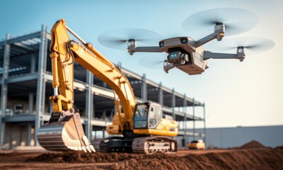 Modern drone flying over a yellow excavator at an active construction site with steel structure