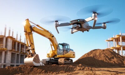 High tech drone surveying a construction site with excavator and developing structures
