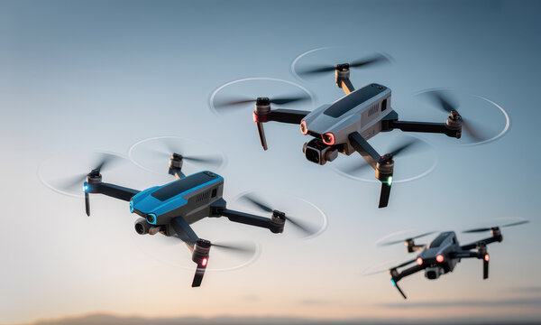 Three modern camera drones flying in formation against a clear blue sky