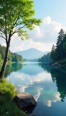 Serene lakeside view, perfect for a relaxing afternoon of leisure Calm water reflects the tranquil sky, ideal for peaceful contemplation or quiet enjoyment , clouds, escape