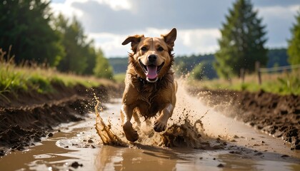 Happy dog running through a muddy puddle