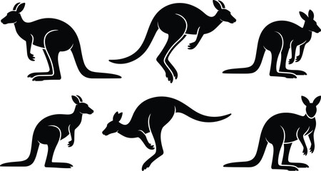 Kangaroo silhouette vector collection, Australian wildlife clipart, jumping animal design, black kangaroo illustration, nature symbol, wild marsupial artwork