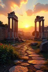 Serene sunrise over the Roman Forum, ancient ruins bathed in golden light, a peaceful meditation scene Perfect for travel, history, spirituality themes , atmospheric, spirituality, sunlight