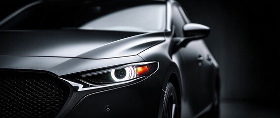 Sleek, dark car front detail in dramatic lighting. Sharp headlight with an orange indicator gleams against the blurred background