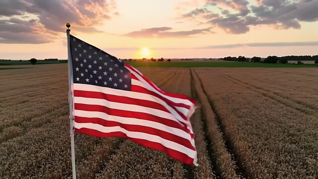American Flag Waving in Golden Wheat Field at Sunset Dramatic Sky