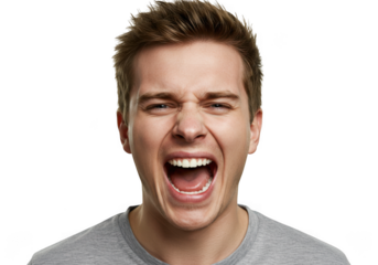 Young man screaming with mouth wide open, isolated on transparent background