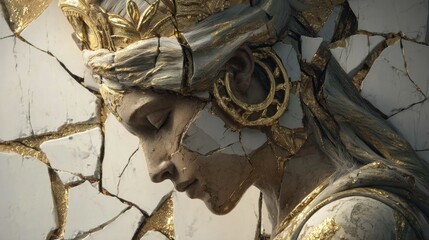 A serene cracked statue of a woman with golden accents. The artwork evokes a sense of ancient beauty and fragile elegance against a broken backdrop